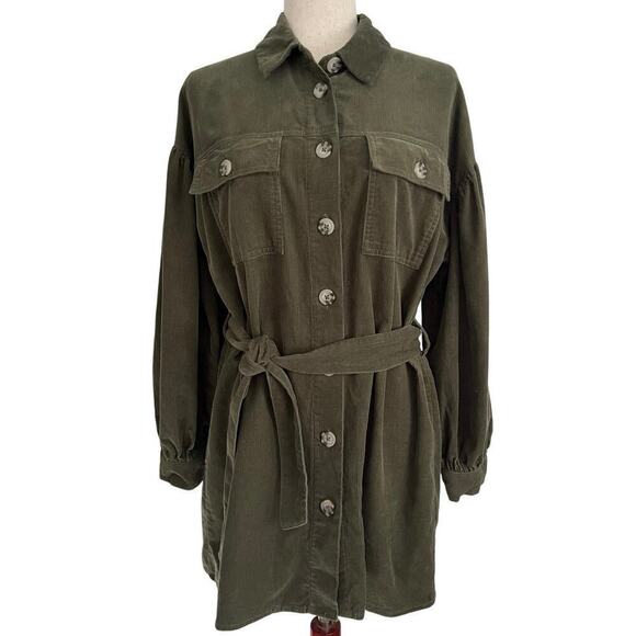 ASOS Design Cord Mini Shirt Dress Women’s Size 4 Green Belted Corduroy - Picture 1 of 10